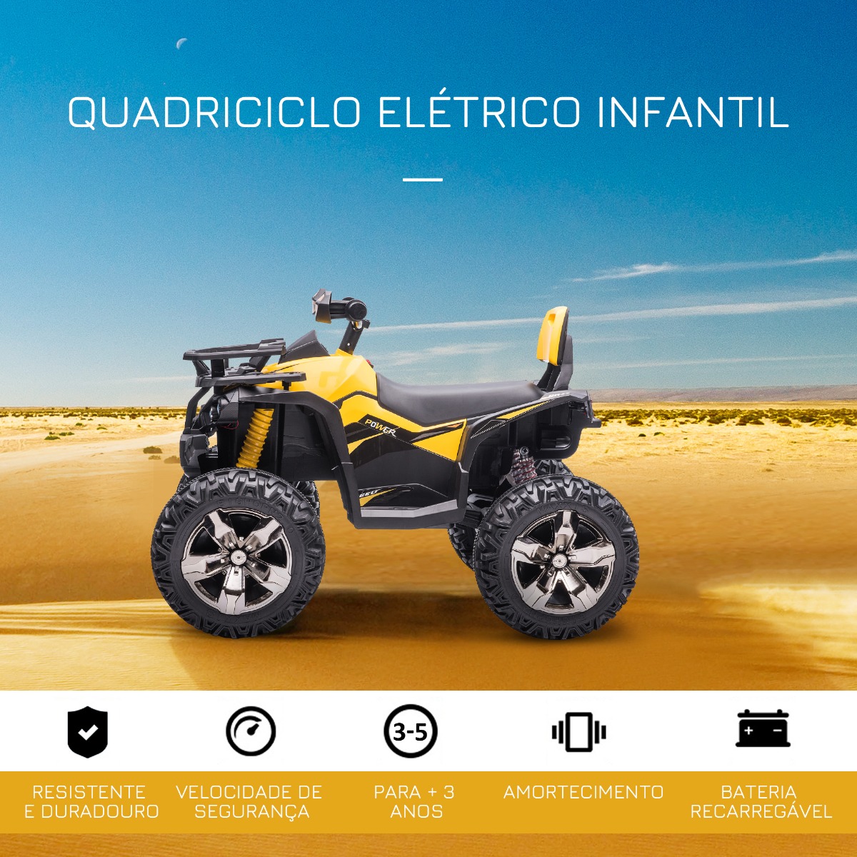 Quadriciclo Elétrico 12V para Crianças acima de 3 Anos com Farol, 100x65x73cm Amarelo - Image 5