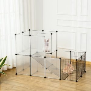 Recinto para Animais de Estimação, Pequenos DIY com 21 Painéis de Resina e 6 Painéis de Arame 140x70x90cm Transparente e Preto