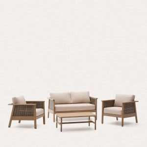 Conjunto Alabe de sofá de 2 lugares, 2 cadeirões e mesa de centro em madeira de acácia para jardim