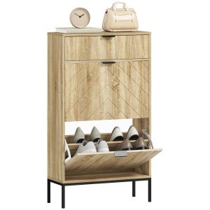 Sapateira Estreita com 2 Portas para Entrada com Gaveta e Prateleiras Ajustáveis para 8 Pares de Sapatos 60x24x105,5 cm Madeira