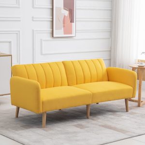 Sofá Cama de 2 Lugares com Encosto Ajustável em 3 Posições, Apoio para os Braços Desmontável e Pés de Madeira 173x75x73cm Amarelo