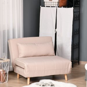 Sofá-cama estofado individual com almofada acolchoada e encosto ajustável em 3 posições, Pernas dobráveis ocultas, 95x95x80 cm, Cor Bege