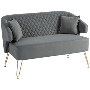 Sofá de 2 Lugares Estofado em Veludo com 2 Almofadas Carga 240 kg para Dormitório Escritório 124x69x76 cm Cinza