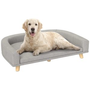 Sofá para Cães Cama Elevada Estofada com Almofada Lavável e Pés de Madeira Pinho Carga Máxima 40 kg 98x67x25 cm Cinza