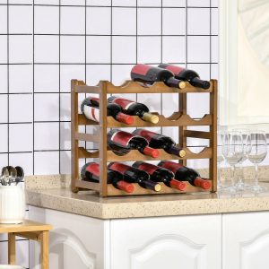 Suporte para 16 Garrafas de Bambu de 4 Níveis para Cozinha Sala de Jantar. Carga Máxima 75kg 43×23,5x38cm