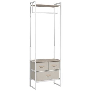 Suporte para Cabides com 3 Gavetas de Tecido Barra Pendurar e Prateleira Armazenamento Entrada Quarto Sala 58,5x30x178 cm Natural
