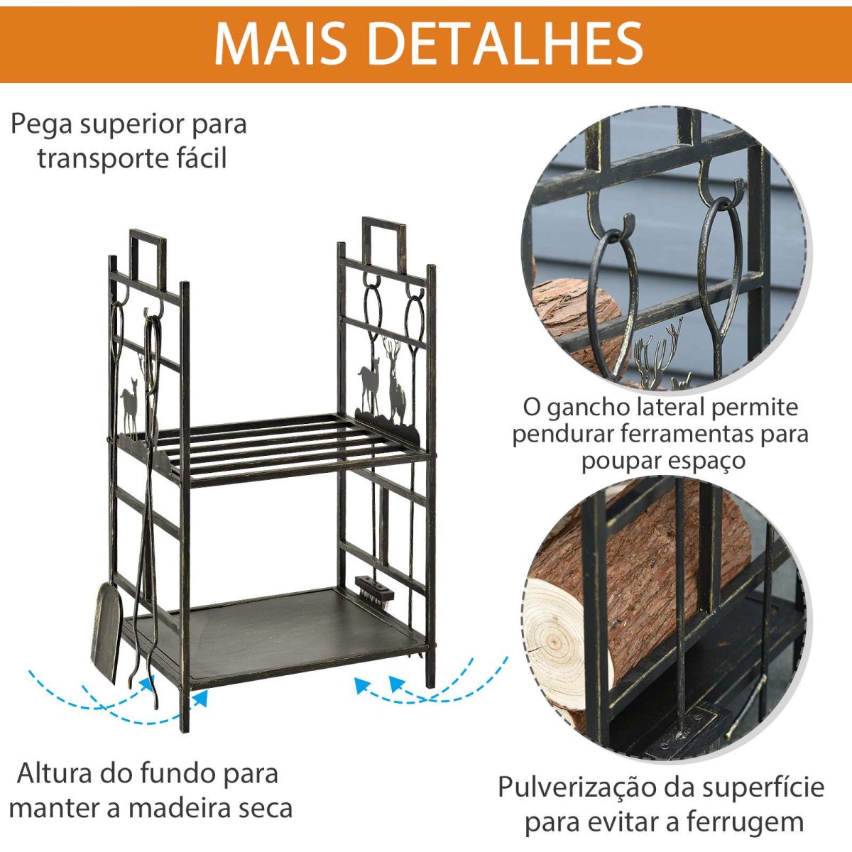 Suporte para Lenha de Ferro Forjado 2 Níveis com 4 Ferramentas Interior e Exterior 51,5x33x77 cm Preto Dourado - Image 5