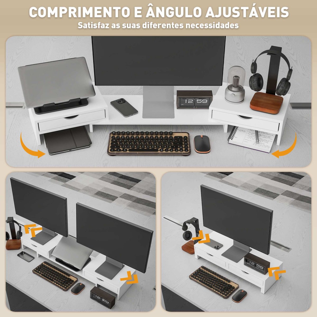 Suporte para Monitor com Ângulo e Comprimento Ajustável 60-116x22x12 cm Branco - Image 5
