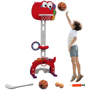 Tabela de Basquetebol Infantil 5 em 1 Bssquetebol para Crianças com Altura Ajustável Futebol Golf Aros Jogo Lançamento Bola Interior 46x51x134-152 cm Vermelho