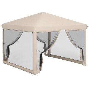 Tenda Dobrável 3×3 para Exterior Portátil de Jardim com Mosquiteiras Bolsa Transporte Estrutura Aço e Tecido Oxford Resistente Festas Campismo Bege