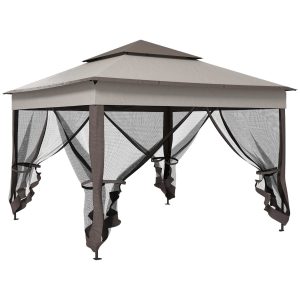 Tenda Dobrável Exterior 325x325x270 cm com Teto Duplo, Rede Mosquiteira Amovível e Bolsa de Transporte Cinza