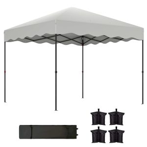 Tenda Dobrável Pop UP com Proteção UV50+, Altura Ajustável, Bolsa de Areia e Bolsa de Transporte com Rodas, Branco