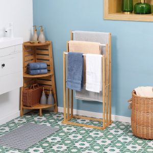 Toalheiro de Pé de Bambu com 3 Barras Toalheiro Independente de 3 Níveis 48×25,8x94cm Madeira