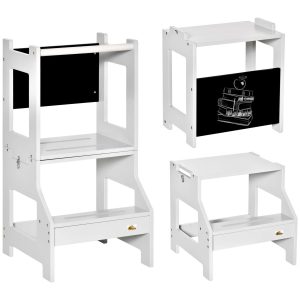 Torre de Aprendizagem para Crianças 3-6 Anos Madeira Infantil Convertível em Secretária com Ardósia e Barra Segurança Casa Banho Cozinha 42x44x86 cm Cinza