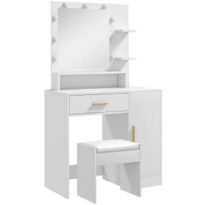 Toucador de Maquilhagem com Banco Mesa Espelho LED Gavetas Prateleira Ajustável e Prateleiras Abertas para Dormitório Sala Estar Branco