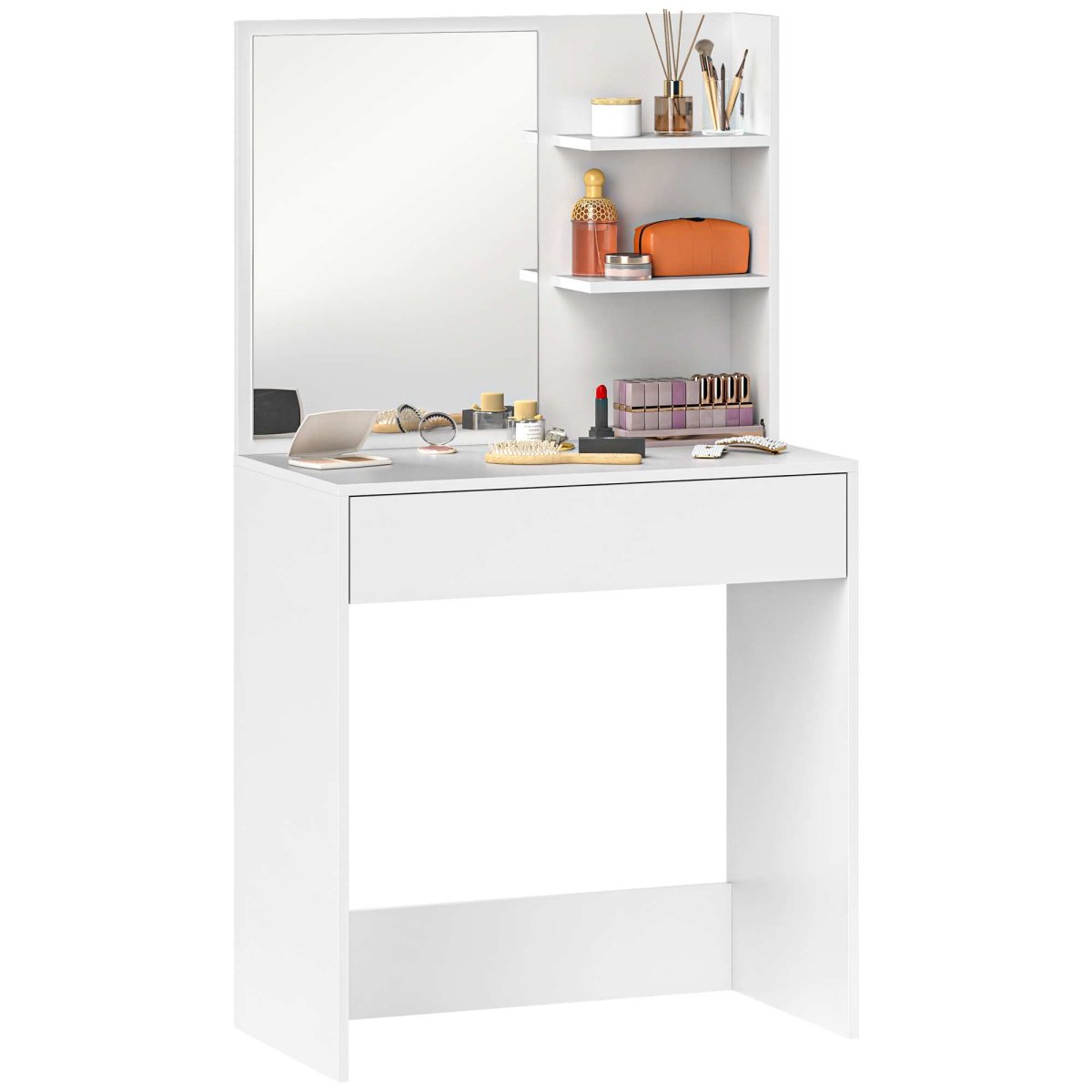 Toucador de Maquilhagem com Espelho, Gaveta e Prateleiras 75x40x137 cm Branco