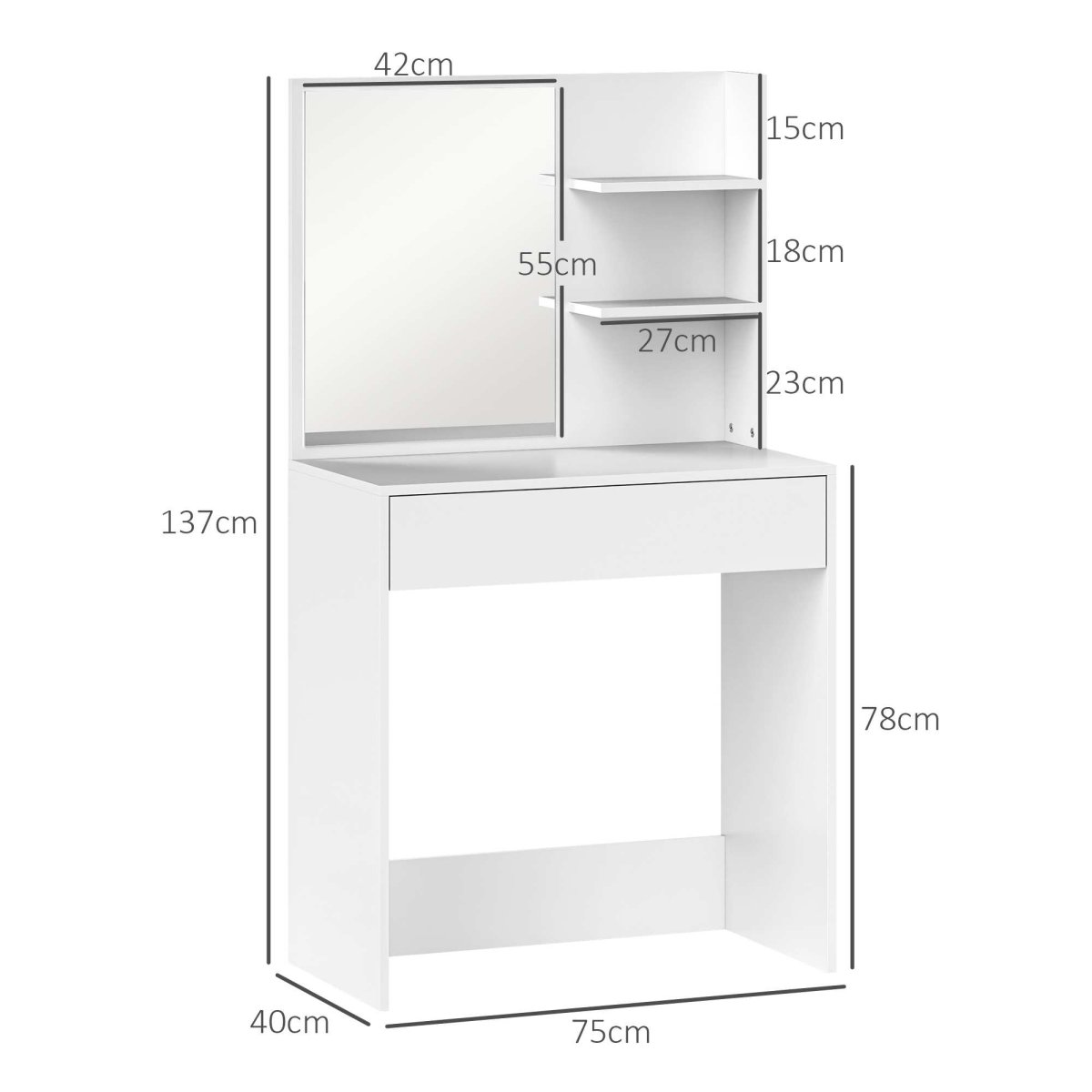 Toucador de Maquilhagem com Espelho, Gaveta e Prateleiras 75x40x137 cm Branco - Image 4
