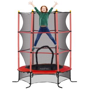 Trampolim para Crianças acima de 3 Anos Cama Elástica Infantil com Rede de Segurança e Estrutura de Aço para Interiores e Exteriores Carga 50 kg Ø163×190 cm Vermelho
