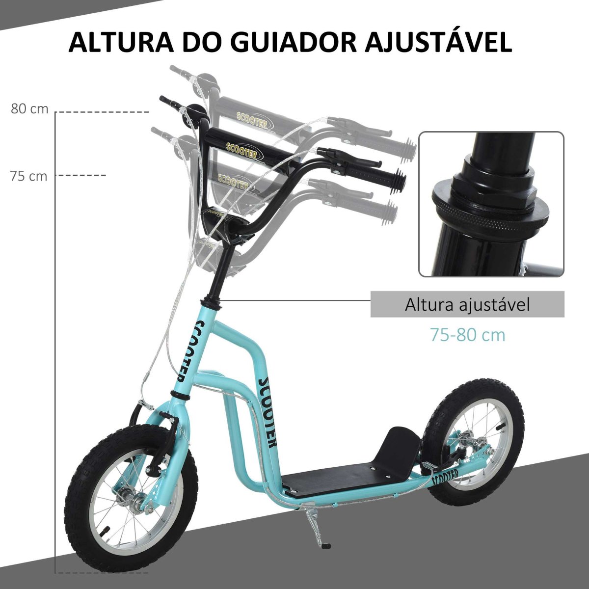 Trotinete para Crianças acima de 5 Anos Infantil com Guiador Ajustável em Altura Travão Duplo e Estrutura Aço Carga 100 kg Adolescentes 120x58x75-80 cm Azul - Image 6