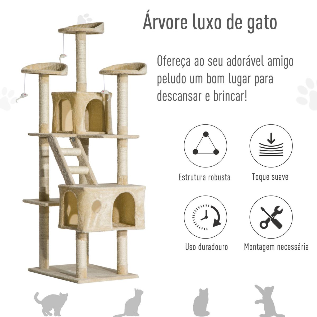 Árvore para gatos com Arranhador e Ratos de Brincar 60x50x180 cm, Cor Bege - Image 6