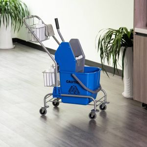Balde de esfregona comercial com escorredor de rodas e capacidade de cestos de 26 L azul