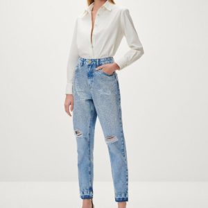 Calça Jeans Mom Super Alta C/ Lantejoulas