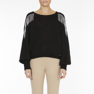 Camisola Malha C/ Franjas No Ombro Em Strass